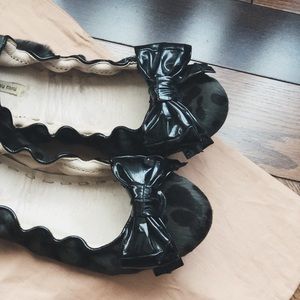 MiuMiu gray leopard flats with black patent bow
